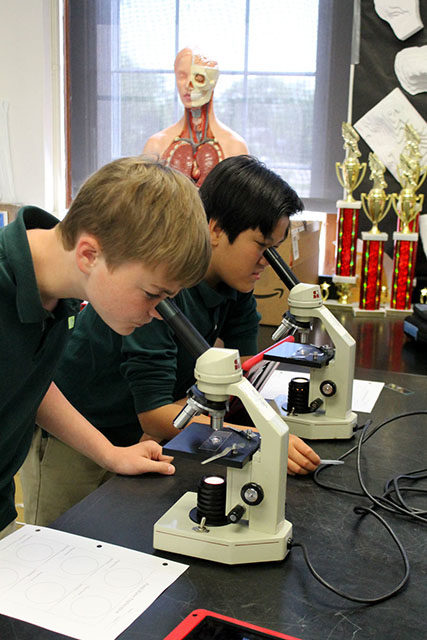 ACDS science two male students looking into microsopes